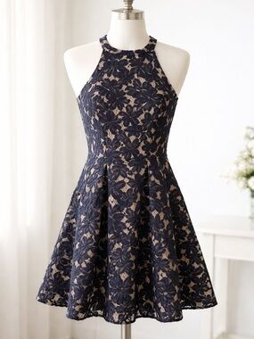 Alta’rd State Navy Lace Halter Fit & Flare Dress Small Party Cocktail.